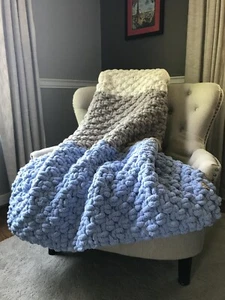 Chunky Knit Blanket | Periwinkle Striped Throw | Chenille Blanket - Picture 1 of 5