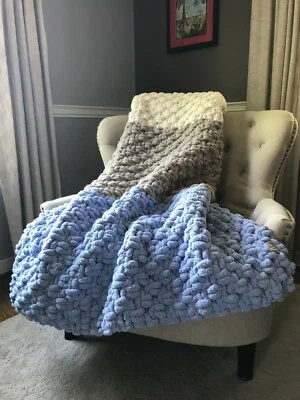 Chunky Knit Blanket | Periwinkle Striped Throw | Chenille Blanket - Image 1 of 4