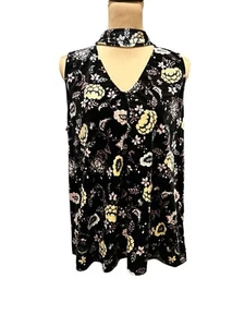 Zenobia Women's 3X Black Yellow Purple Floral Keyhole Neckline Sleeveless Tunic - Picture 1 of 7