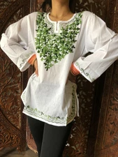 Boho Gypsy Hippy Cotton White Green Embroidered Blouse Comfy Tops Tunic L 