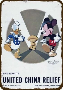 1942 DISNEY Mickey Mouse &Donald Duck China Relief DECORATIVE REPLICA METAL SIGN - Picture 1 of 1