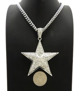 Silver PT Iced Large Star Bling Pendant & 6mm 24" 30" Cuban Chain Necklace - Picture 1 of 5