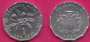JAMAICA 1 CENT 1990 UNC 12 SIDED COIN,ELIZABETH II,F.A.O NATIONAL ARMS,COUNTRY N - Picture 1 of 1