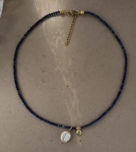 21c Gold Plated Lapis Lazuli Turquoise Gemstone And Pearl Necklace Choker - Picture 1 of 6