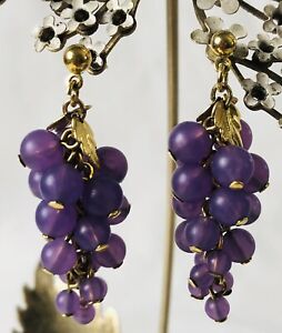 Purple Grape Cluster Dangling Earrings 1.5” Gold Toned Leaves & Ball Stud