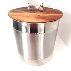 Dog Treat Food Canister Stainless Steel SILVER w/ WOOD & BONE HANDLE large CUTE! - Picture 1 of 16