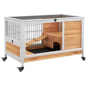 Wooden Indoor Rabbit Hutch, 2-Floor Bunny Cage w/ Enclosed Run Area, Yell - Picture 1 of 11