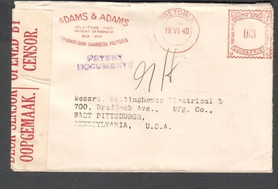 South Africa 1940 WWII censor cover Adams & Adams Pretoria meter cancel to USA - Image 1 of 2