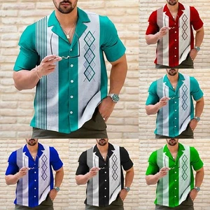 Cool and Casual Retro Striped Men's Bowling Shirt Vintage Short Sleeve Tops - Picture 1 of 20