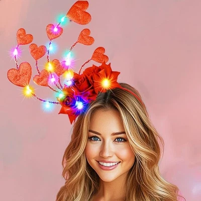 Valentine's Day Headband Light Up Hearts Headbands LED Glowing Rose Flower Ha... - Image 1 of 4