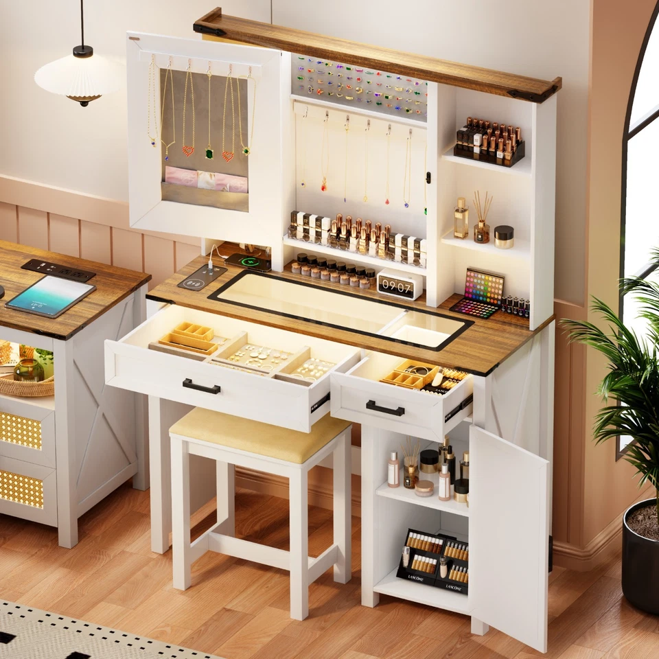 Tocador de Maquillaje Escritorio con Luces LED Espejo, Mesa de Tocador con Estación de Carga Foto 1 de 1