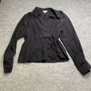 Topshop Women’s Size 16 Black Blouse Top Long Sleeve Collared V-neck - Picture 1 of 4