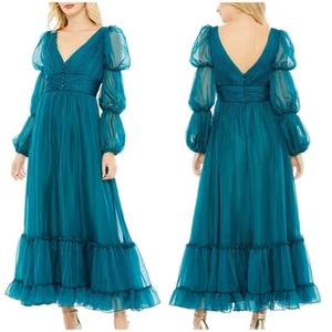 Mac Duggal NWT Teal Chiffon Ruched Tiered Puff Sleeve A Line Maxi Dress Size 16 - Picture 1 of 8