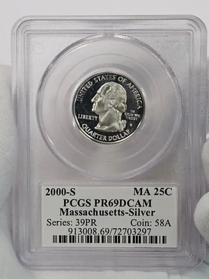 2000-S 25c Silver Proof Massachusetts Washington Quarter PCGS PF69 PR69DCAM - Image 1 of 4