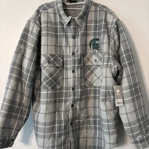 MICHIGAN STATE SPARTANS Mens Gray Flannel Plaid Sherpa Jacket NWT’s Size Large - Picture 1 of 5