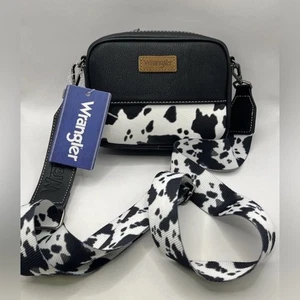 NEW WRANGLER Black White Cow Print Bag Crossbody Vegan Leather Logo Adjustable - Picture 1 of 16