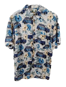 Vtg M E Sport Mens Hawaiian Shirt Large Short Sleeve Rayon Floral Car Button - Picture 1 of 4