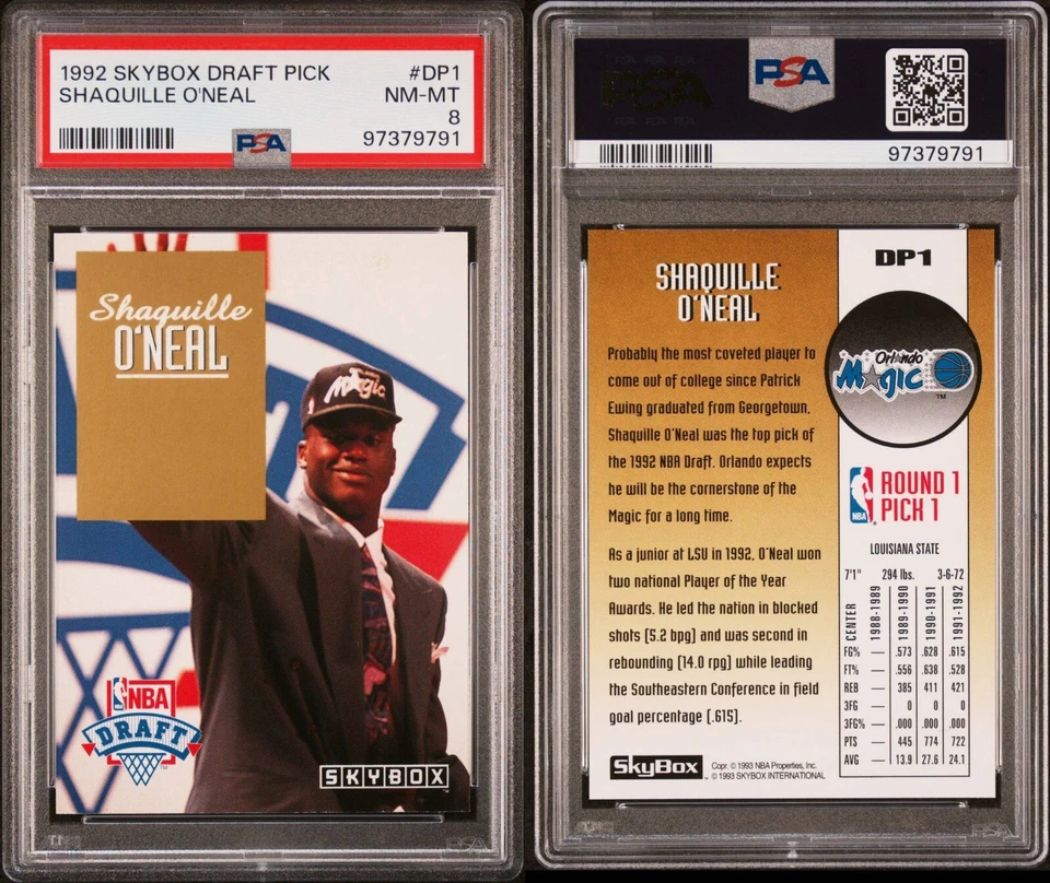 1992-93 SKYBOX DRAFT PICK #DP1 SHAQUILLE O'NEAL RC, PSA 8 NM-MINT, FREE SHIPPING - Image 1 of 1