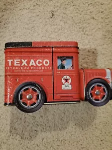 Texaco Petroleum Products Red Delivery Truck Pattern Tin Box Company Coin Bankl - Picture 1 of 5