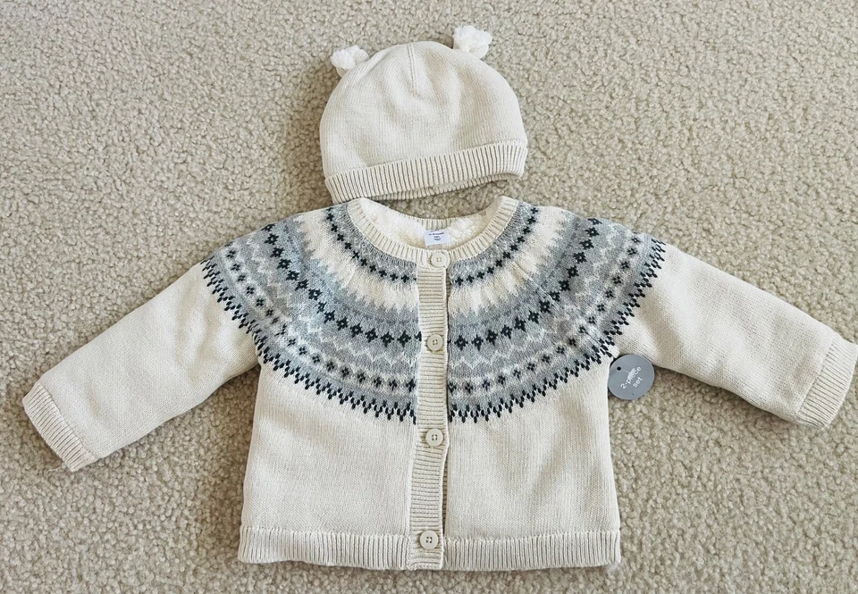 Baby Gap Fair Isle Acogedor Cárdigan Forrado Sherpa Conjunto de Sombrero a Juego 12-18m o 18-24m Foto 1 de 1