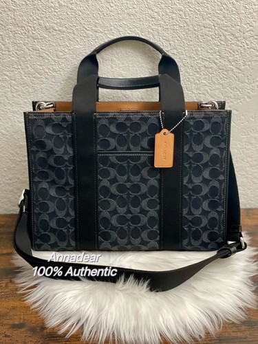 Borsa a tracolla nuova con etichette Coach CP105 Smith Tote con firma denim tela nera in pelle