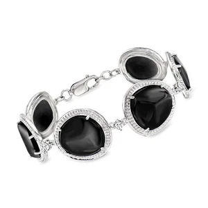 Onyx and .80 ct. t.w. White Zircon Bracelet in Sterling Silver. 7.25 inches - Picture 1 of 4