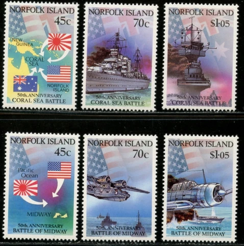 NORFOLK ISLAND Sc#520-525 1992 WWII Midway & Coral Sea Complete Set OG Mint NH Cover