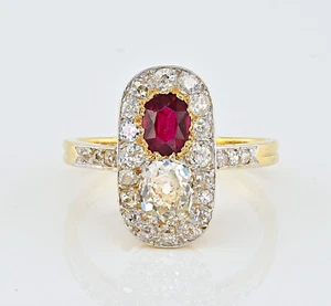 French Edwardian Untreated Ruby Diamond 18 KT/Platinum Ring - Photo 1 sur 13