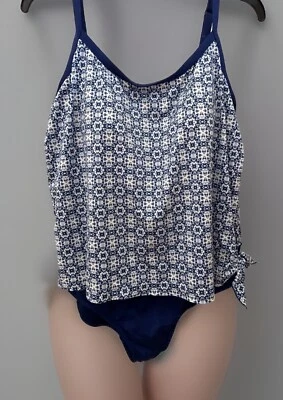 APT 9 Swimsuit One Piece Tankini Blue White Tummy Control Adj Straps Padded 2X ^ - Image 1 of 4