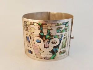 Vintage Mexican abalone sterling silver wide bracelet signed 2" wide face - Picture 1 of 14
