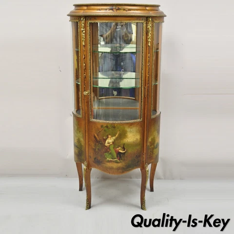 Antique French Louis XV Style Small Bowed Glass Painted Curio Display Cabinet Cover