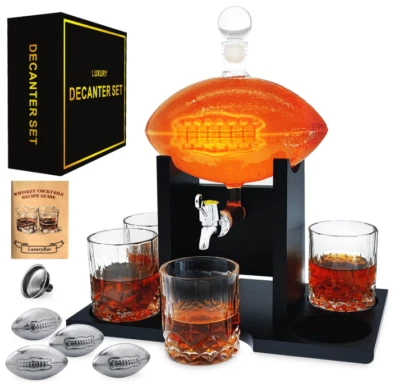 NEW Glass NFL Football Shaped Bourbon Decanter Gift Set w/ Tumblers FATHER'S DAY - Image 1 of 4