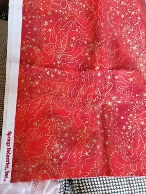 Christmas Sewing Fabric Springs Red & Gold Mettalic Celestial Angels Star 18x45" - Image 1 of 4