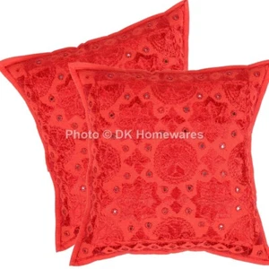 Cotton Boho Throw Pillow Covers Mirrored Indian Embroidered Set Of 2 Pillowcase - Picture 1 of 6