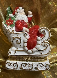 Vintage Porzellan Weihnachtsmann & Schlitten aufklappbar Schmuck Geschenkbox Weihnachten Jubel Goldrand - Bild 1 von 4