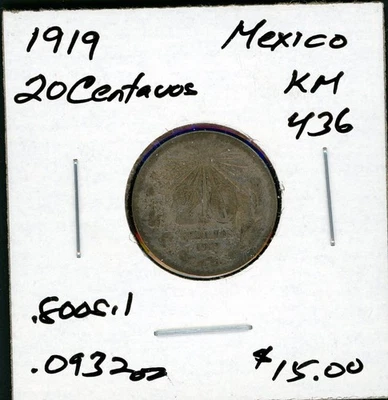 MEXICO 1919 20 CENTAVOS SILVER COIN - KM# 436 AS SHOWN - Image 1 of 2