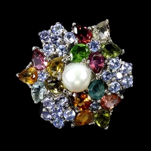 925 Sterling Silver Ring Pear Tourmaline 4x3mm Pearl Tanzanite Gemstone Size 7.5 - Picture 1 of 13