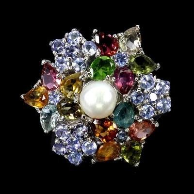 925 Sterling Silver Ring Pear Tourmaline 4x3mm Pearl Tanzanite Gemstone Size 7.5 - Image 1 of 4