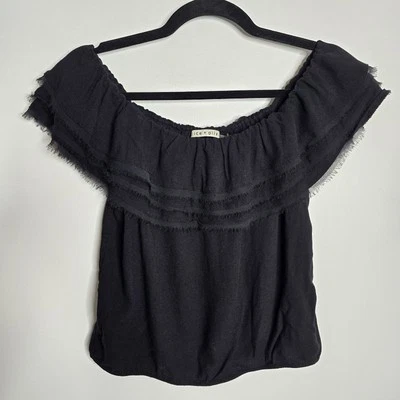Alice + Olivia Tiered Off Shoulder Blouse Layered Fringe Women's XS Black Top - Image 1 of 4