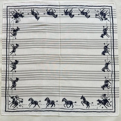 VTG Handkerchief Striped Border Brush Running Horses Blue Paint Cotton Hanky 18" - Image 1 of 3