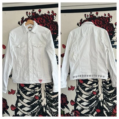2021 Guess Jeans Friends With You White Denim Jean Jacket Coat Streetwear Size S - Image 1 of 4