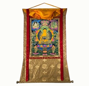 Seliger Shakyamuni Buddha Thangka Gemälde, Seidenbrokat montiert Shakyamuni - Bild 1 von 9