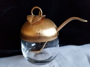 Vintage NAPIER Brushed Gold Lid and Glass Sugar Bowl and Spoon 