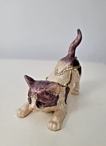 Enameled Brown/Cream Cat Trinket Box Brass Cloisonné Jewelled pearly finish - Picture 1 of 9