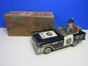 WORKING vintage SECRET AGENT CAR MI5 TIN metal BATTERY OPERATED japan NOMURA - Picture 1 of 24