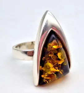 Artisan Modernist ATI Poland Sterling Silver 925 Baltic Amber Triangle Ring Sz 7 - Picture 1 of 17