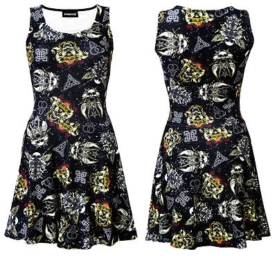Gothic Grunge Texture Skulls Swords Wings Celtic Skull Roses Retro Skater Dress - Image 1 of 3