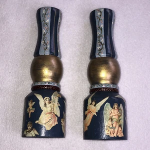 2 Signed Hand Painted Decoupage Wooden Candle Sticks Sara Cairn Angels Cherubs - Picture 1 of 7