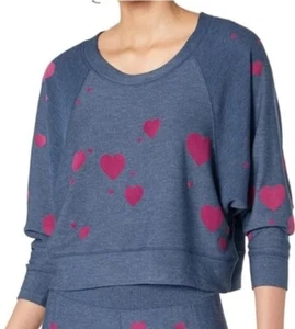 NWT Chaser Navy Avalon Plum Velvet Flocked Heart Print Batwing Sweatshirt Size S - Picture 1 of 11