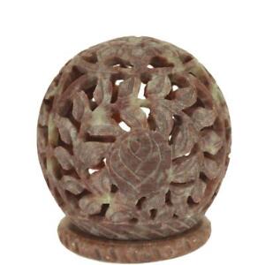 Burner for Cones and Candle Holder - Soapstone Carved T-Lite Ball - Leaves 3"